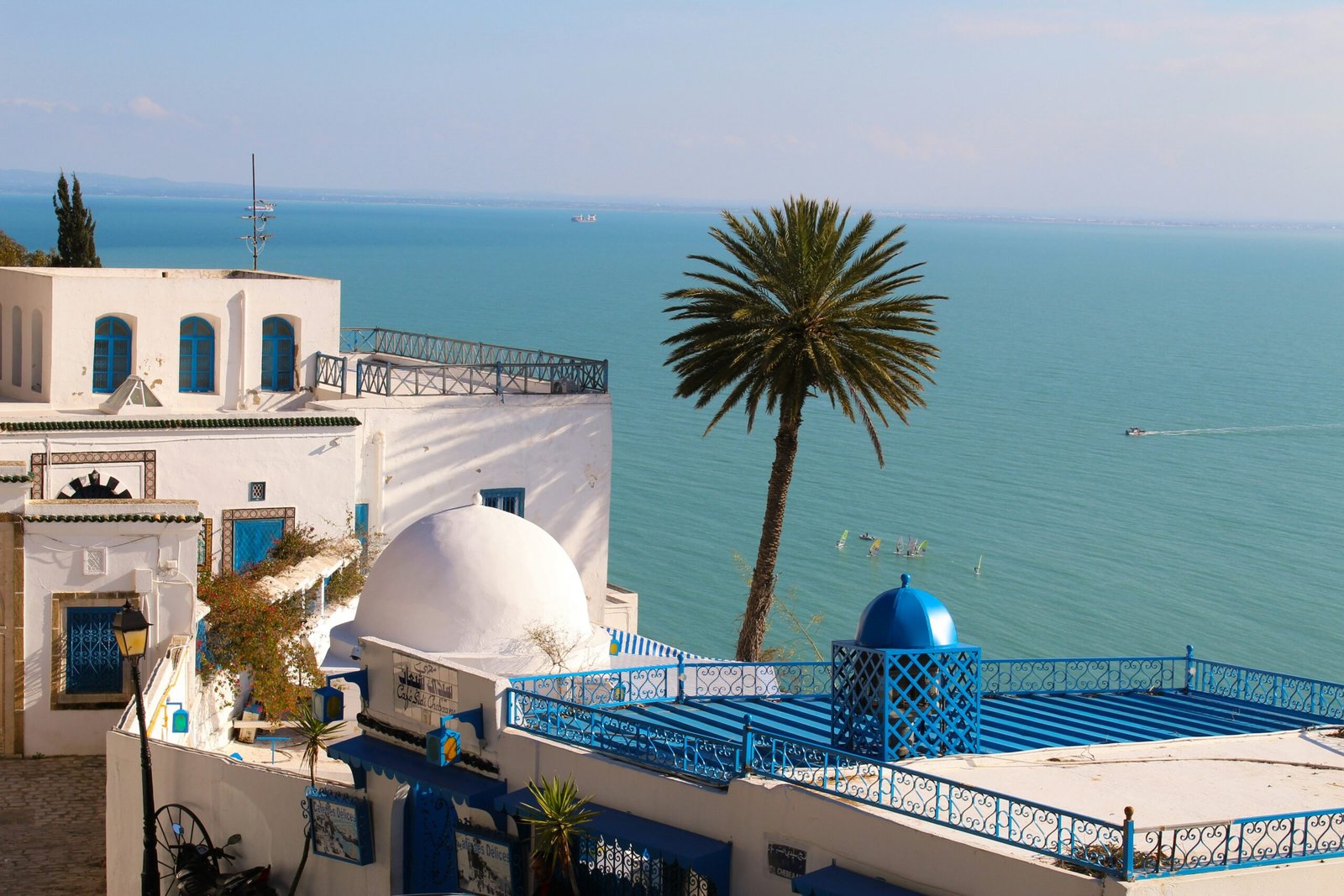 White and blue buildings of Sidi Bou Said overlooking the Mediterranean